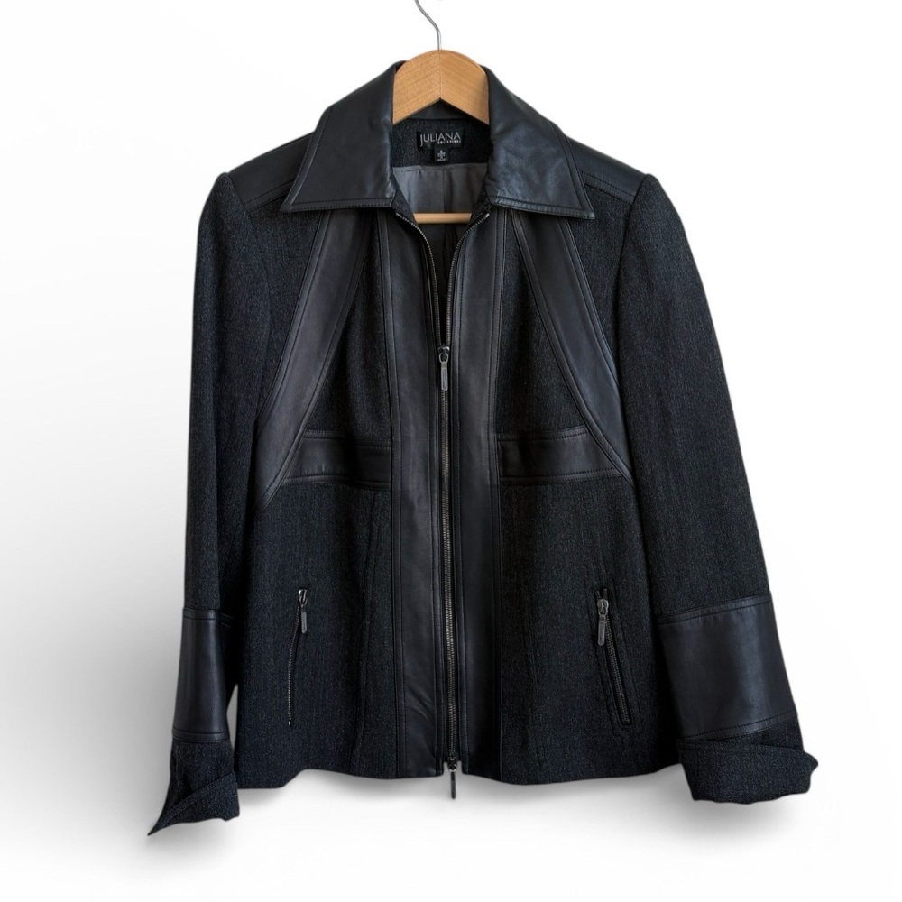 Juliana Collezione Wool Blend Zip Jacket Black Faux Leather Panels Size Small